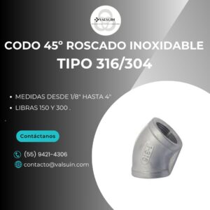 Codo Roscado 45° de Acero Inoxidable