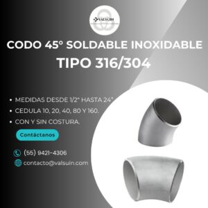 Codo Soldable de 45 Grados de Acero Inoxidable