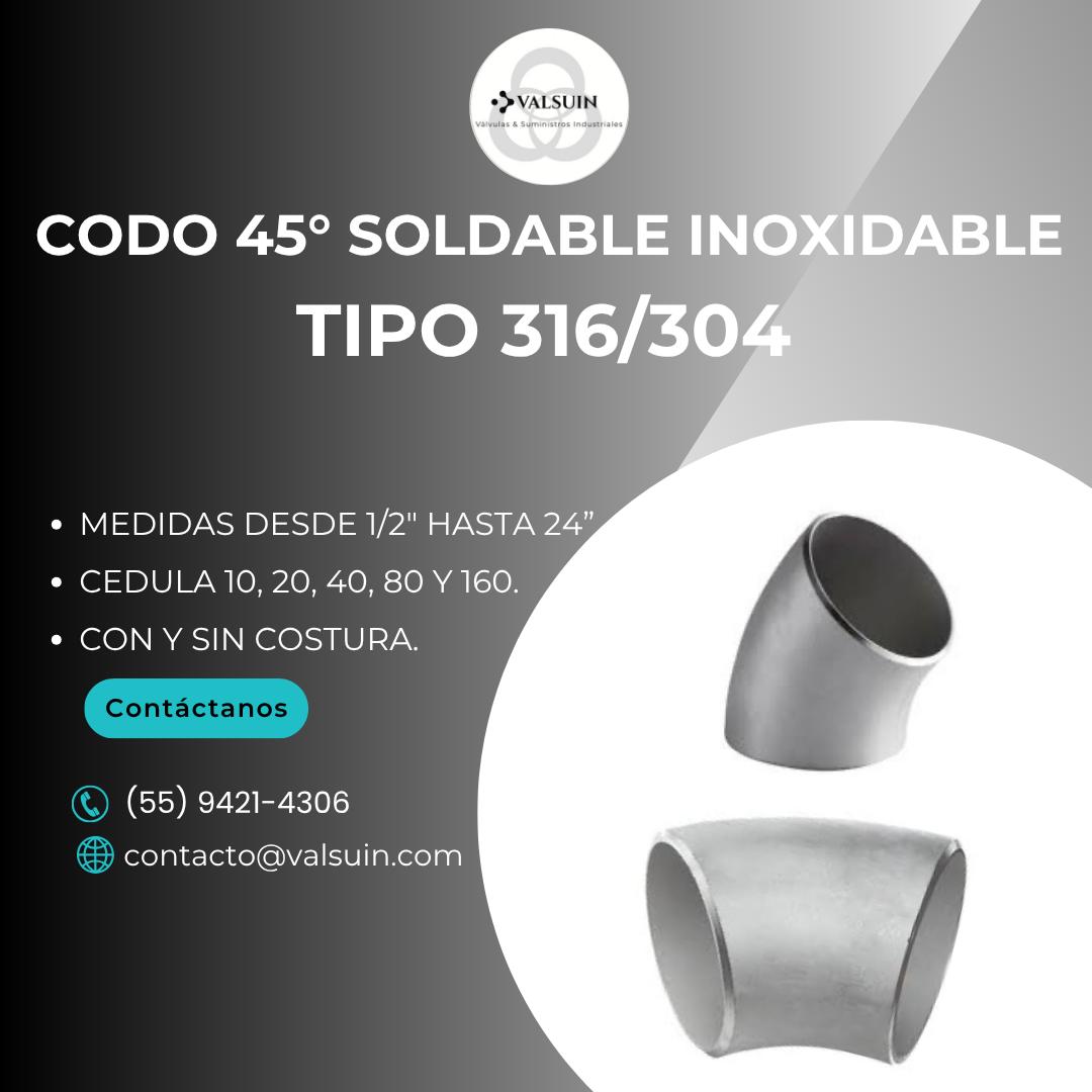 Codo Soldable de 45 Grados de Acero Inoxidable